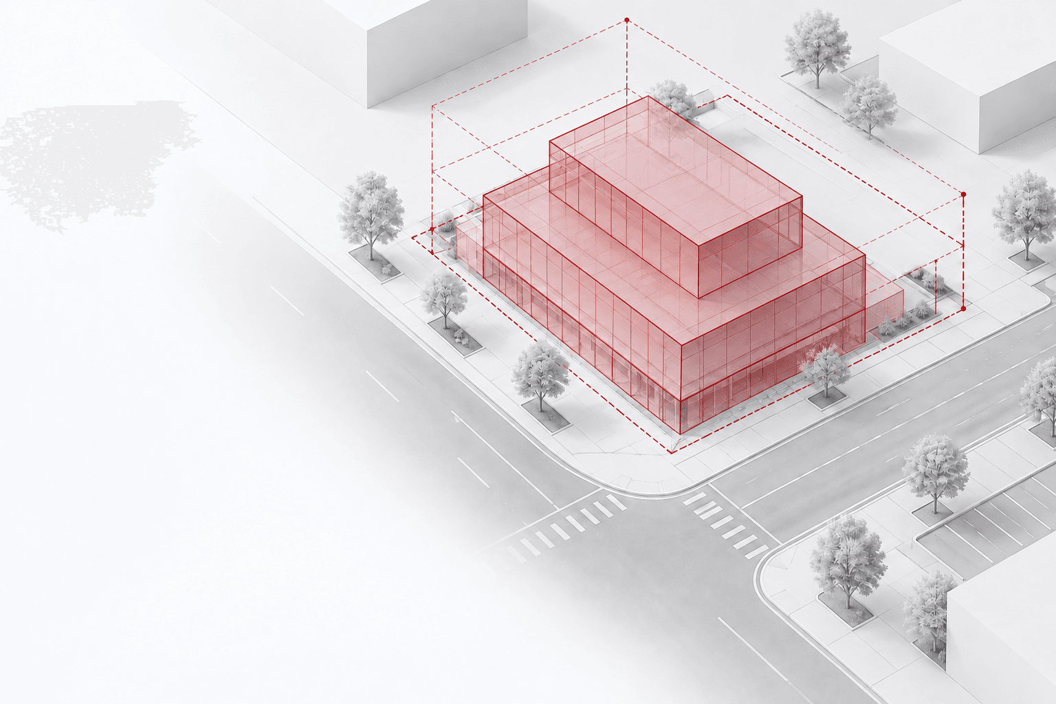 Representative site feasibility study showing a parcel boundary, setbacks, maximum height, and translucent buildable envelope.