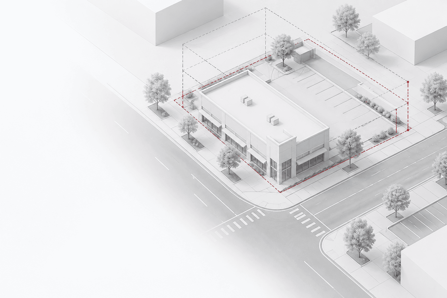 Illustrated commercial site concept showing a building, parking area, parcel boundary, and development envelope.