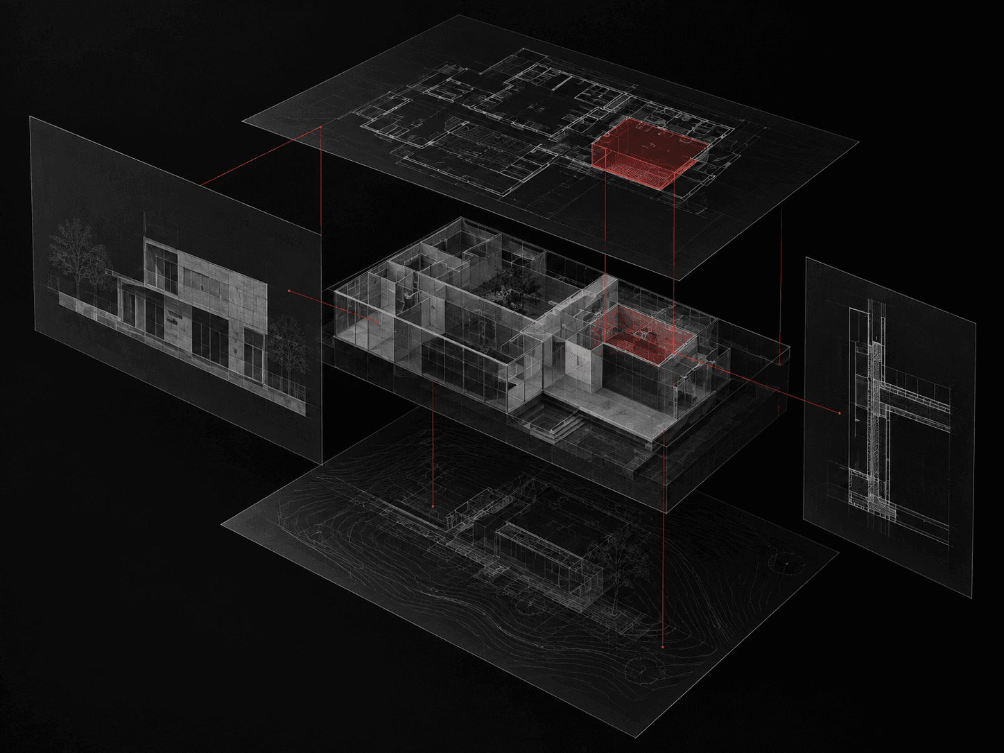 Exploded architectural model connecting a site plan, building model, floor plan, elevation, and wall section with evidence lines.