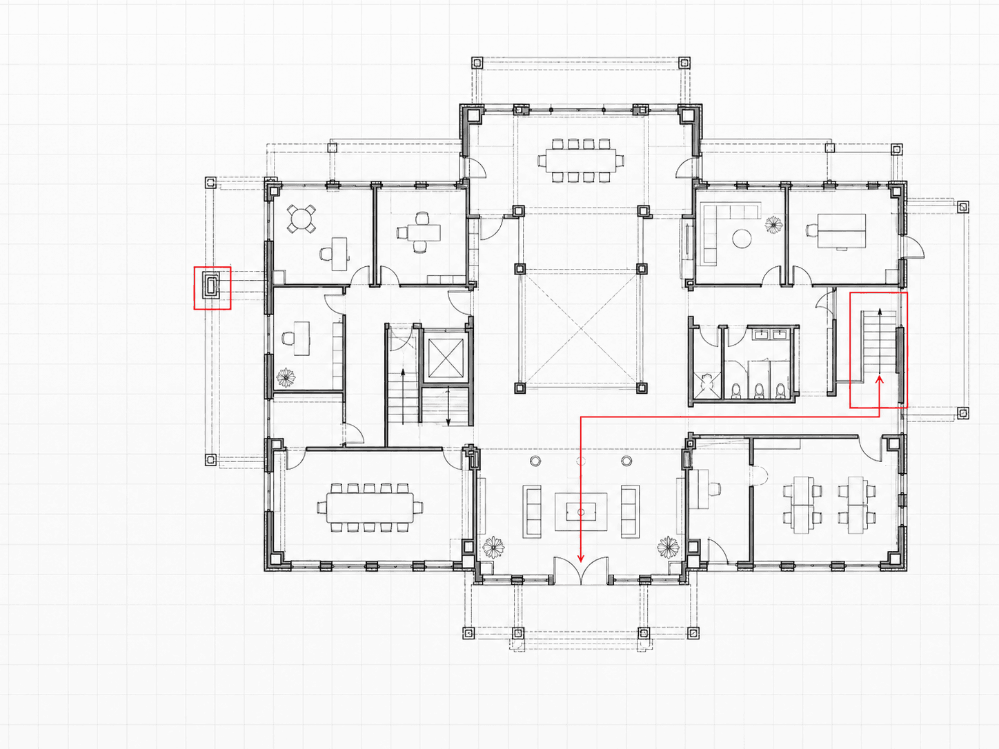 Architectural floor plan with a restrained red evidence path connecting plan locations under review.